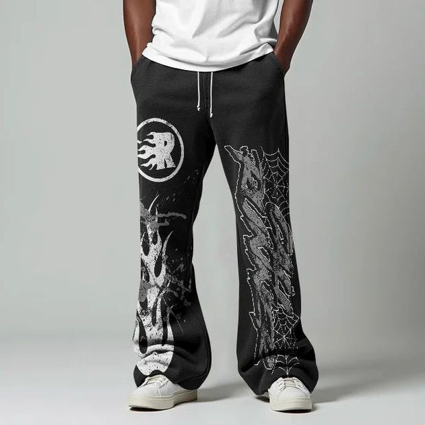 Flame Spider Web Print Pocket Flared Trousers