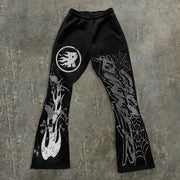 Flame Spider Web Print Pocket Flared Trousers