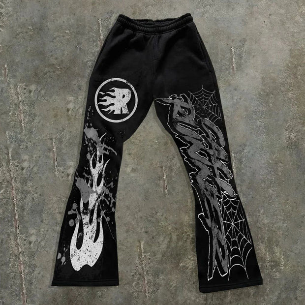 Flame Spider Web Print Pocket Flared Trousers