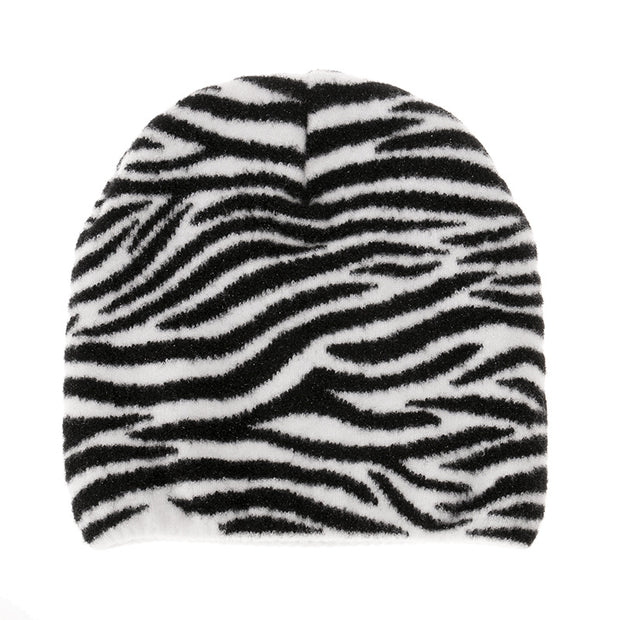 Striped knitted hat pullover hat black and white elements cow wool hat