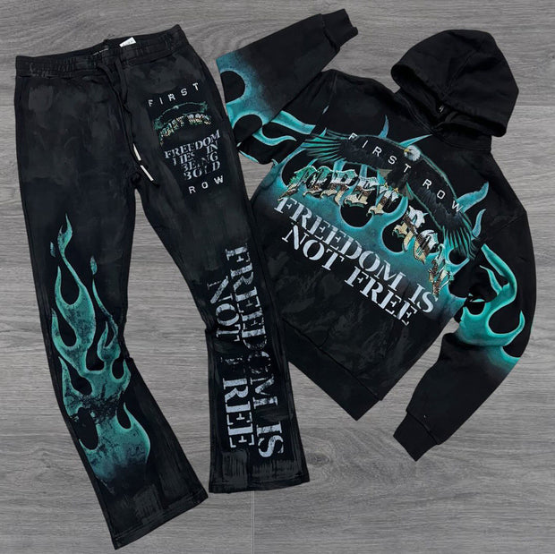 Vintage Flaming Eagle Print Hoodie and Stacked Pants Set