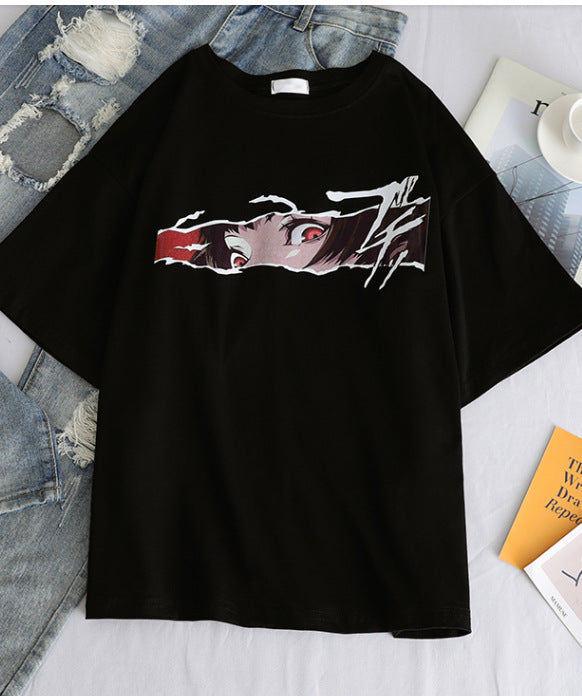 Hong Kong style vintage girl black short-sleeved T-shirt