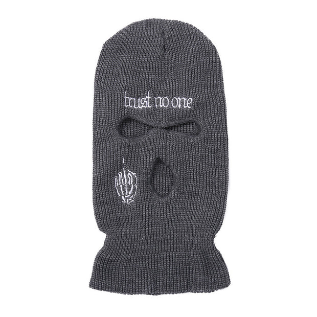 Embroidered warm letter wool hat outdoor windproof hip-hop mask head cover three-hole knitted hat