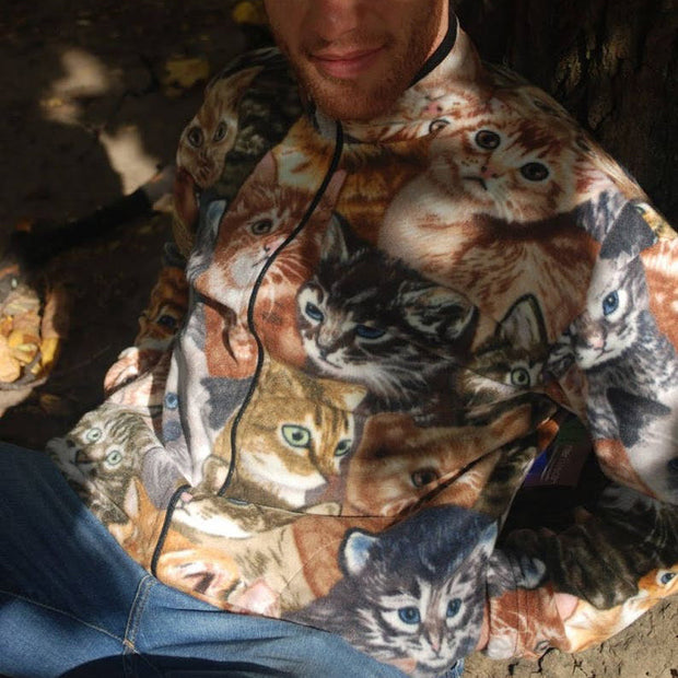 Fashionable retro cat print plush warm jacket