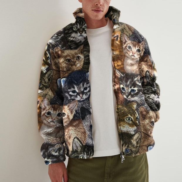 Fashionable retro cat print plush warm jacket