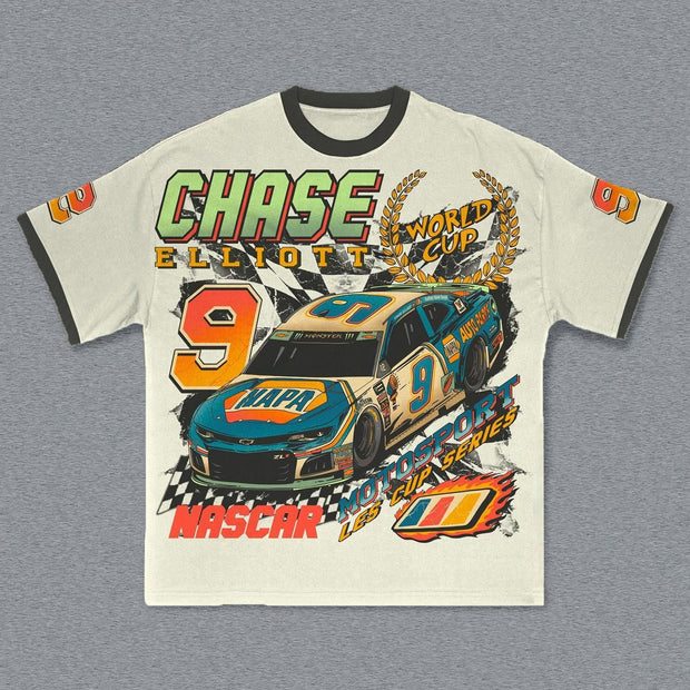No. 9 Racing Contrast Color Print Short Sleeve T-shirt