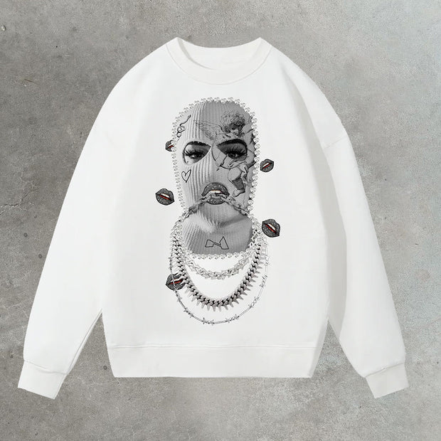Diamond Masked Girl Printed Round Neck Sweatshirt