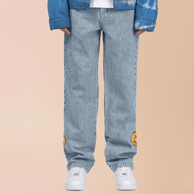 Casual street style smiley print straight-leg jeans