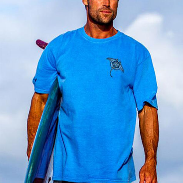 Short sleeved blue Hawaiian classic round neck T-shirt