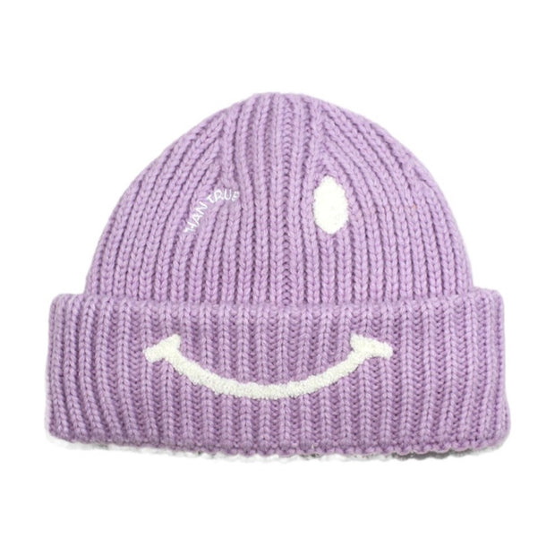 Smiley face knitted hat plus velvet thickened earmuffs woolen cap embroidery cold hat women