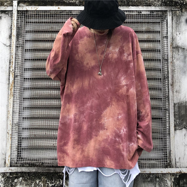 Harajuku style hip-hop primer loose and versatile tie-dye long sleeves