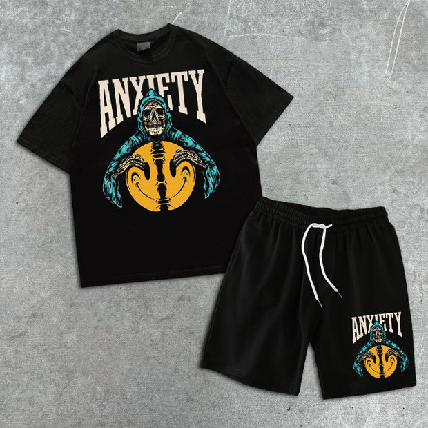 Smiley Skull Print Short Sleeve Shorts Set