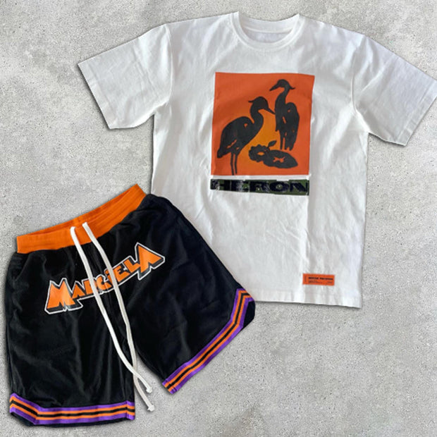 Crane Print Contrast Color Short Sleeve Two-Piece Set