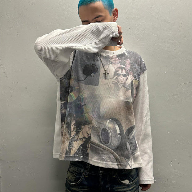 Fashion personality waffle print round neck long sleeve T-shirt