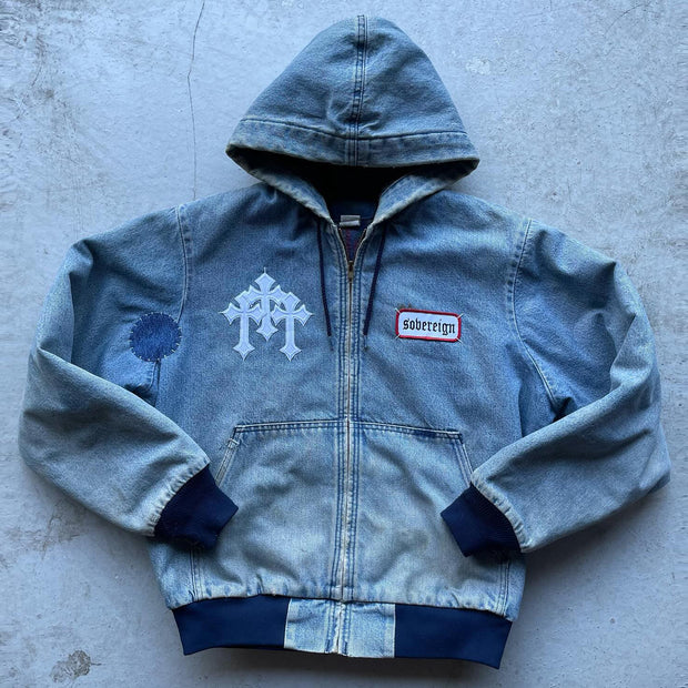 Vintage washed distressed cross badge zip-up jacket