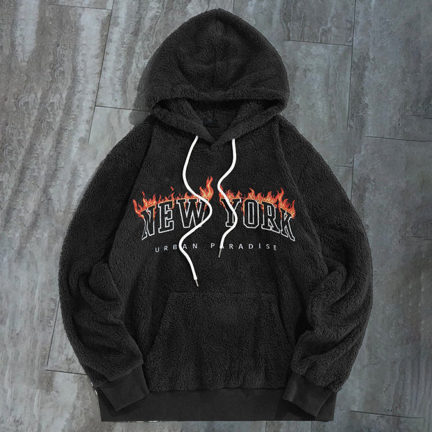 Vintage Trend New York Print Plush Hoodies