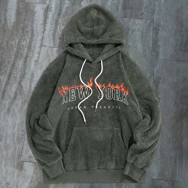 Vintage Trend New York Print Plush Hoodies