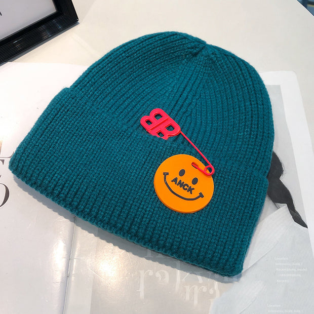 Fashion trend knitted hat female curled pin hip-hop smiley couple woolen hat winter warm hat male