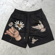 Art Vintage Print Casual Mesh Shorts
