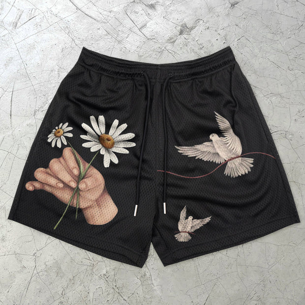 Art Vintage Print Casual Mesh Shorts