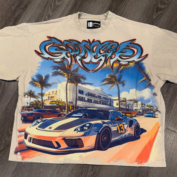 Casual car print crew neck T-shirt