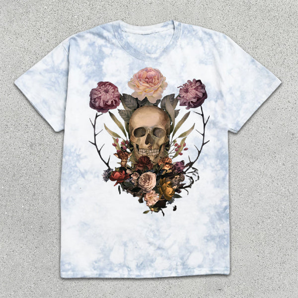 Rose Skull Print Tie-Dye Short Sleeve T-Shirt