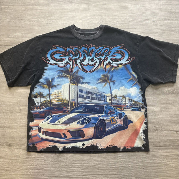 Casual car print crew neck T-shirt