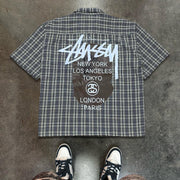 Letters Plaid Print Button Short Sleeve Shirt