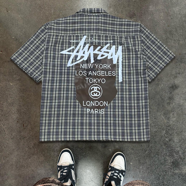 Letters Plaid Print Button Short Sleeve Shirt