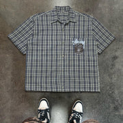 Letters Plaid Print Button Short Sleeve Shirt