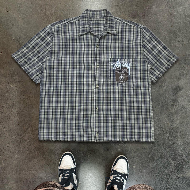 Letters Plaid Print Button Short Sleeve Shirt