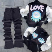 Stylish preppy style contrasting color jacket and pants two-piece set