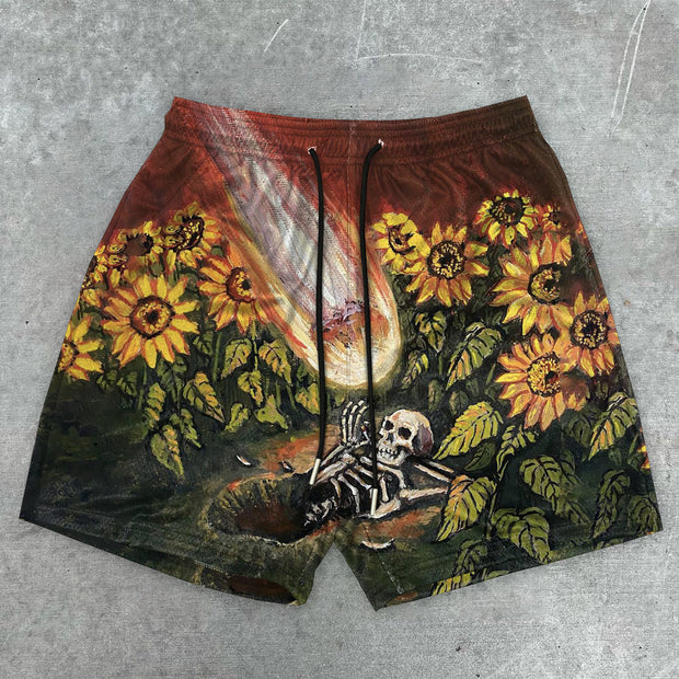 Statement Vintage Sunflower Skull Print Shorts