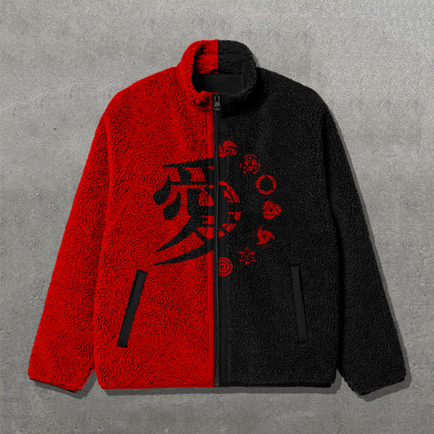 Anime Contrast Color Print Long Sleeve Zipper Pocket Plush Coat