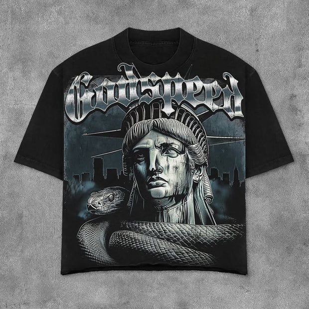 Statue Of Liberty & Snake Print Short Sleeve T-Shirt