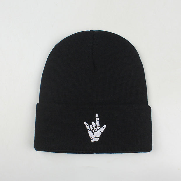 Rap gesture embroidery men's and women's knitted hat