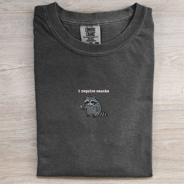 I Require Snacks Embroidered Raccoon T-shirt