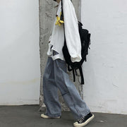 Retro pocket high waist jeans loose straight wide leg pants