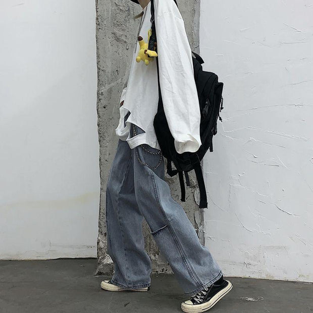 Retro pocket high waist jeans loose straight wide leg pants