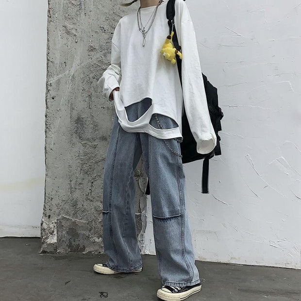 Retro pocket high waist jeans loose straight wide leg pants