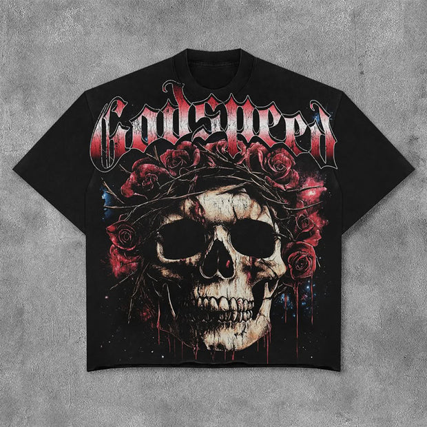 Rose Skull Print Short Sleeve T-Shirt