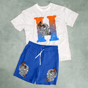 Fashion Contrast Color Casual Print Short Sleeve T-Shirt Shorts Set