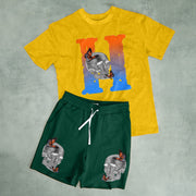 Fashion Contrast Color Casual Print Short Sleeve T-Shirt Shorts Set