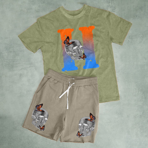 Fashion Contrast Color Casual Print Short Sleeve T-Shirt Shorts Set