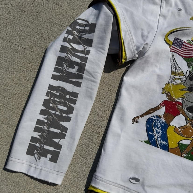 Beach Party Casual Street Retro Stitching Long Sleeve T-shirt
