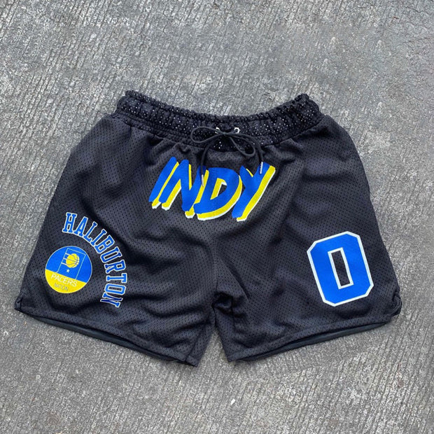 Fashion solid color sports print mesh shorts