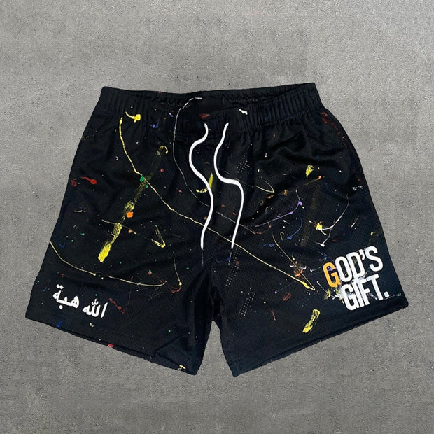 God's Gift Letters Print Mesh Shorts