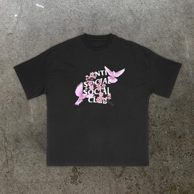 Dove Sakura Retro Fashion Short Sleeve T-Shirt