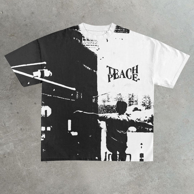 Casual street black and white printed cotton T-shirt