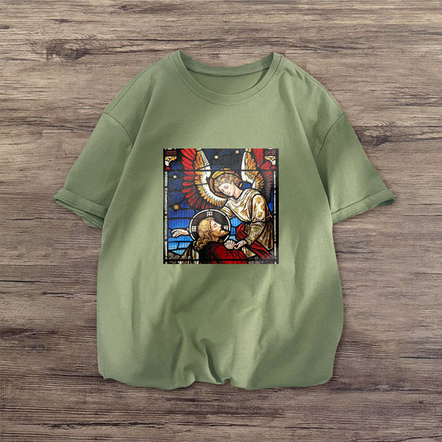 Retro print round neck short-sleeved T-shirt